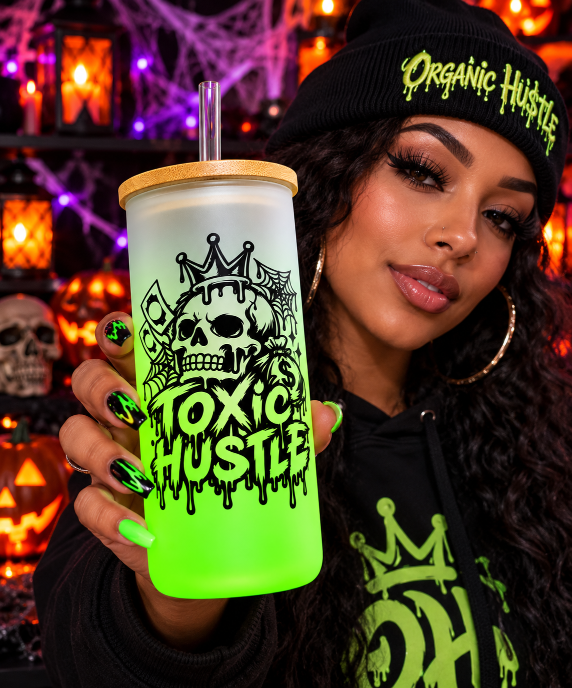 Toxic Hu$tle green tumbler lifestyle front
