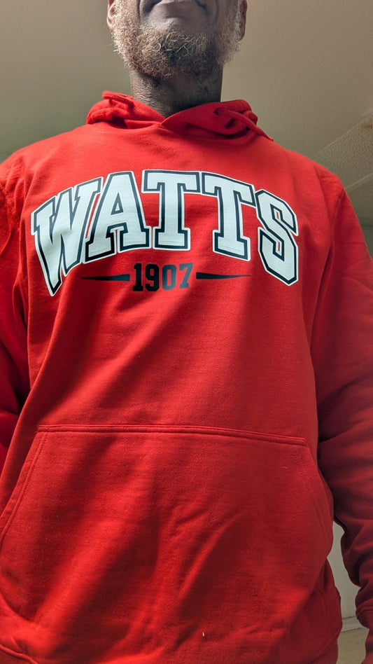 Actual Watts 1907 New Edition red pullover hoodie front