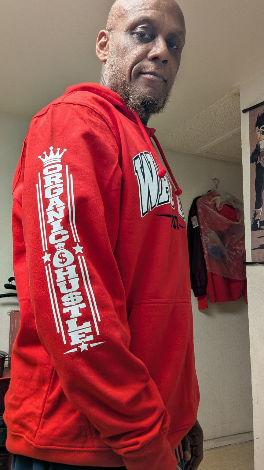Actual Organic Hu$tle sleeve graphic on Watts 1907 New Edition hoodie