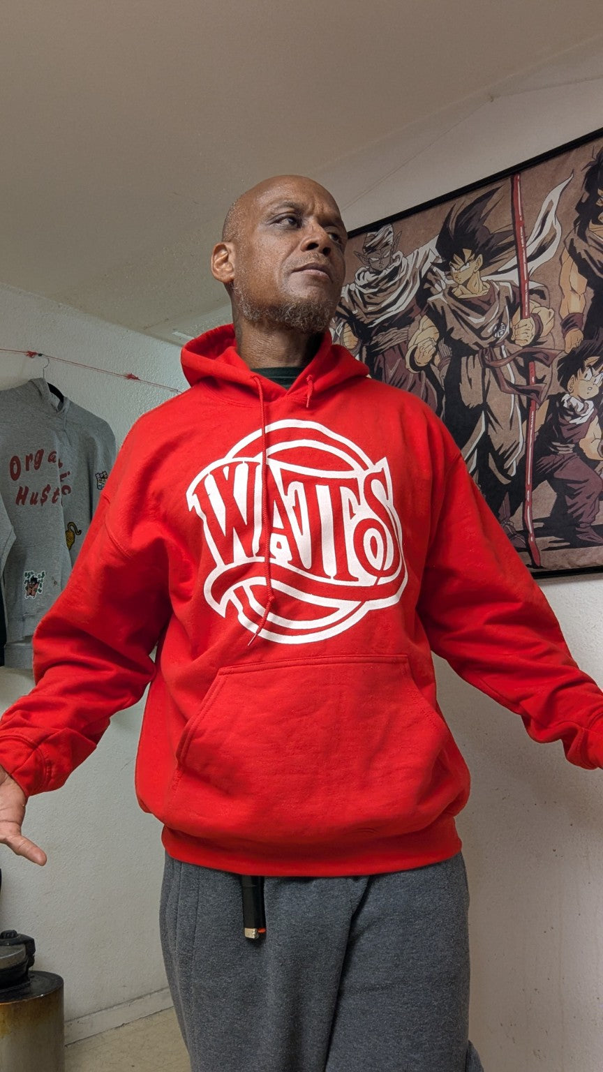 Actual red Watts 1907 pullover hoodie front with white Watts logo