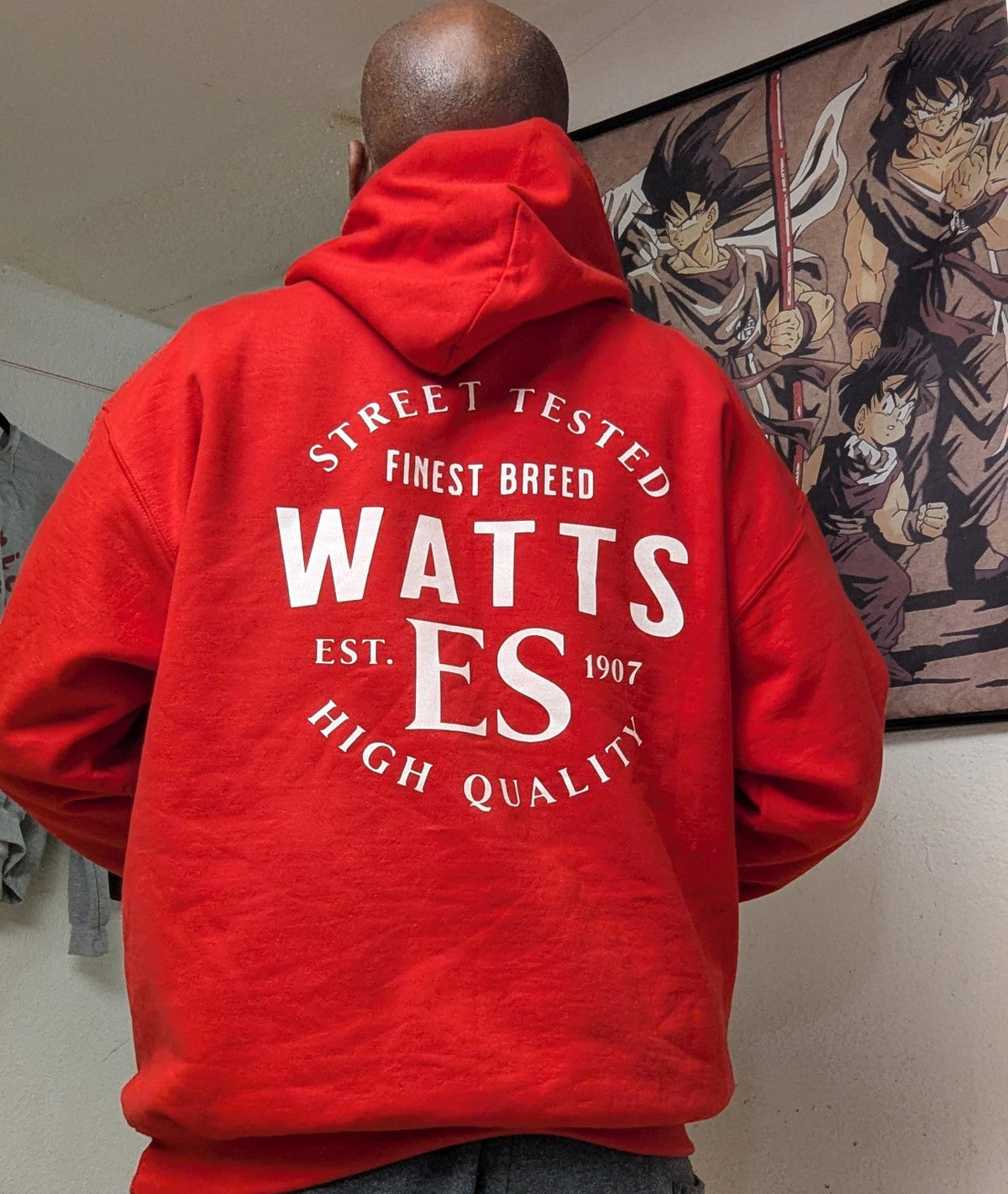 Actual red Watts 1907 pullover hoodie back with Street Tested Finest Breed Watts design