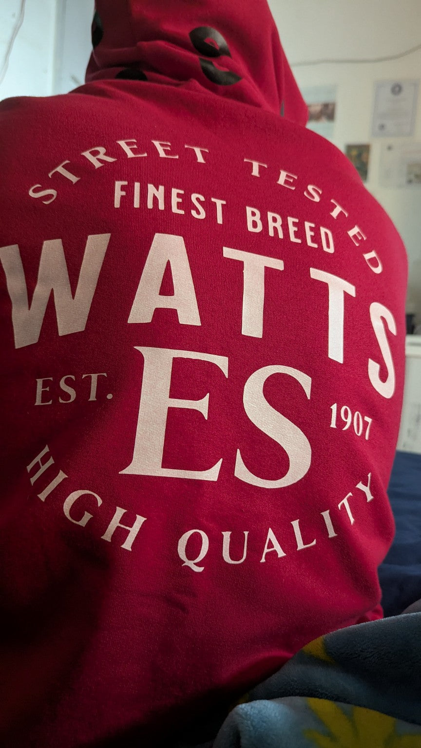 Actual close-up of back graphic on red Watts 1907 hoodie